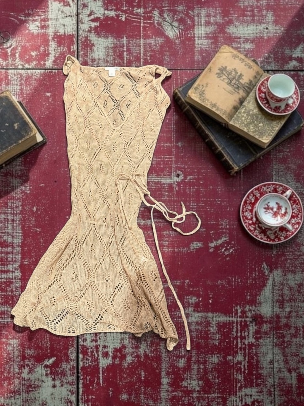 Vintage 90s Y2K H&M Beige Crochet Tie-Side Tunic Top